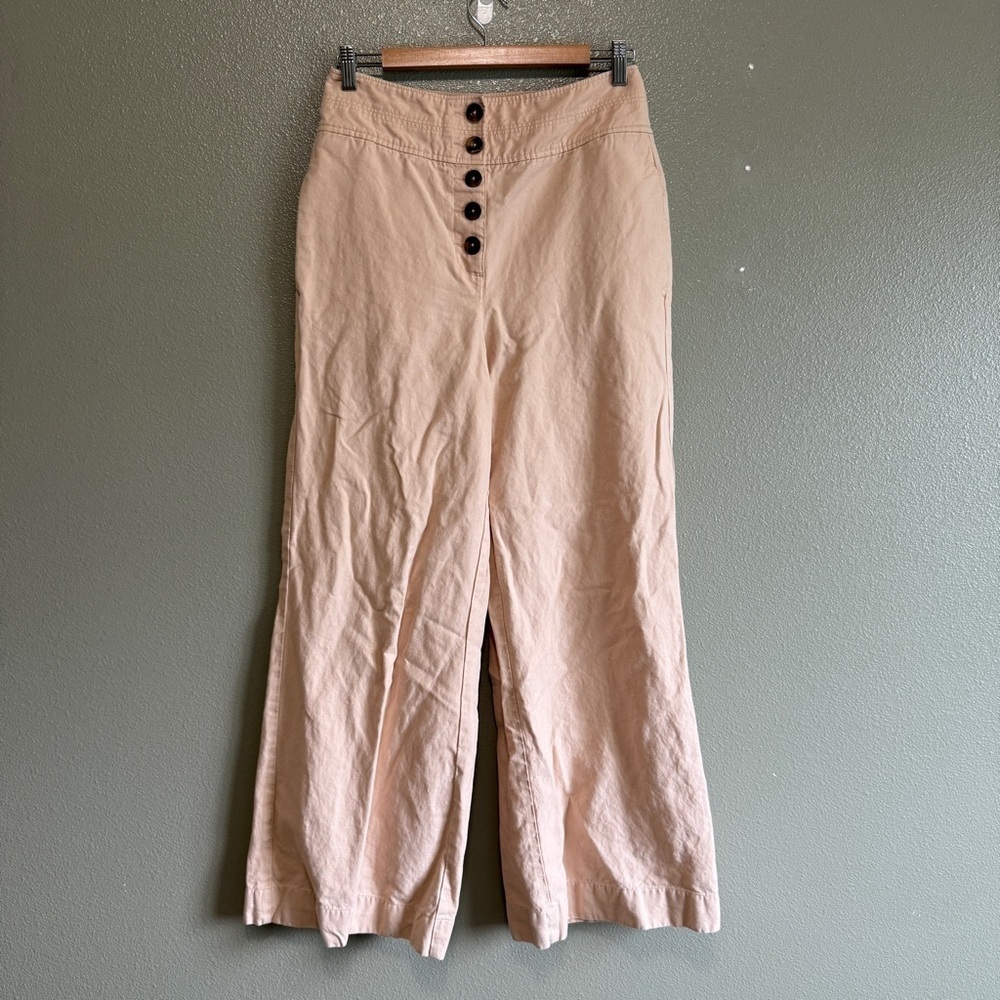 Boden Womens High Waist Flare Pants 8 Cotton/Linen Blend Button Fly Boho Tan